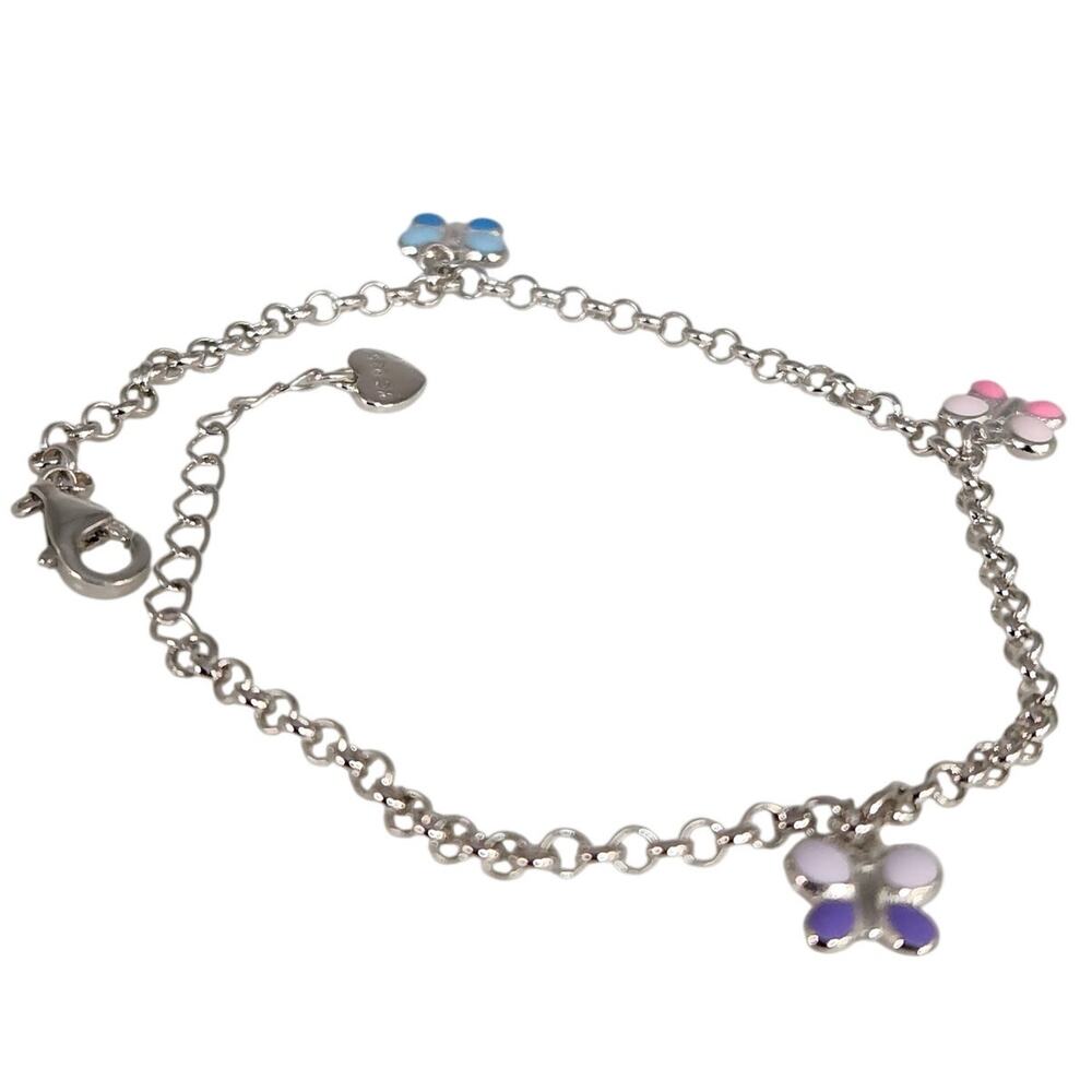 925 Sterling Silver Multi - Color butterfly charm Adjustable Bracelet 8"